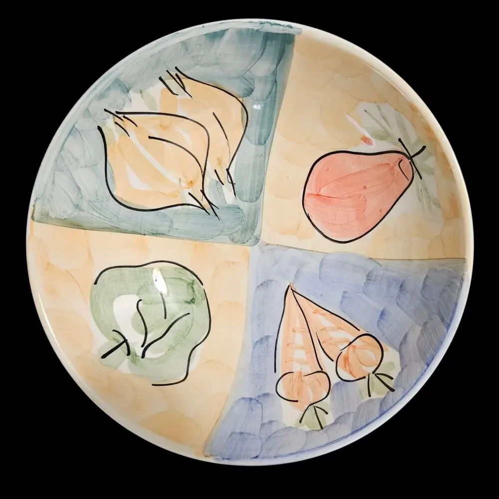 Hand Painted Fruit Ceramic Serving Bowl Pear Apple Peach Country Kitchen